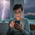 Pessoa preocupada segurando um celular dentro de casa durante uma tempestade com relâmpagos visíveis pela janela.