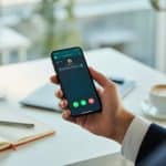Pessoa segurando um smartphone com a tela de chamada do WhatsApp em um ambiente de escritório moderno.