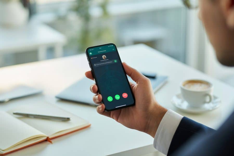 Pessoa segurando um smartphone com a tela de chamada do WhatsApp em um ambiente de escritório moderno.