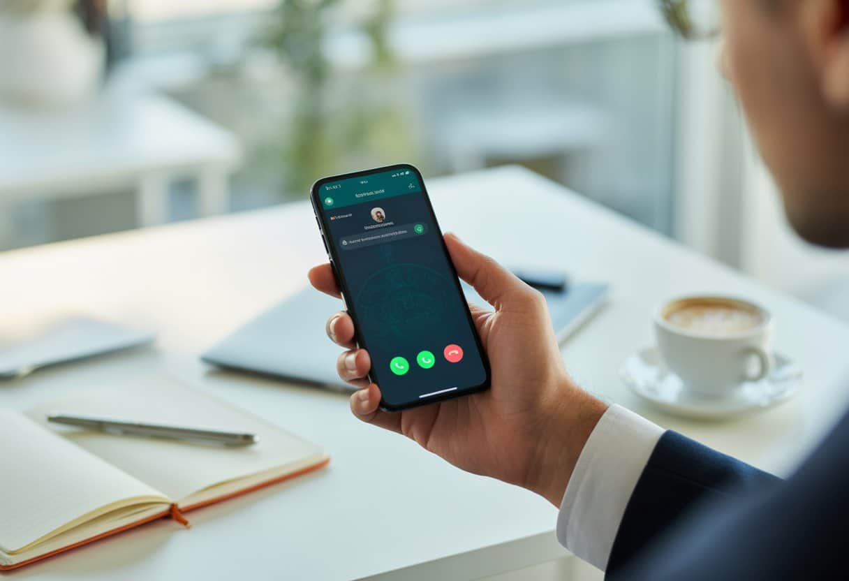 Pessoa segurando um smartphone com a tela de chamada do WhatsApp em um ambiente de escritório moderno.