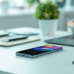 Um smartphone moderno sobre uma mesa branca em um ambiente de escritório com itens de trabalho ao redor.