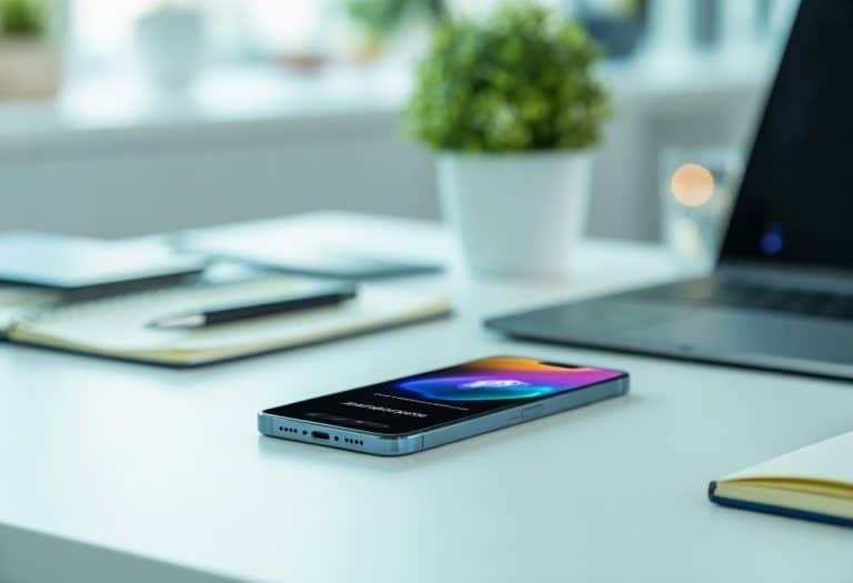 Um smartphone moderno sobre uma mesa branca em um ambiente de escritório com itens de trabalho ao redor.