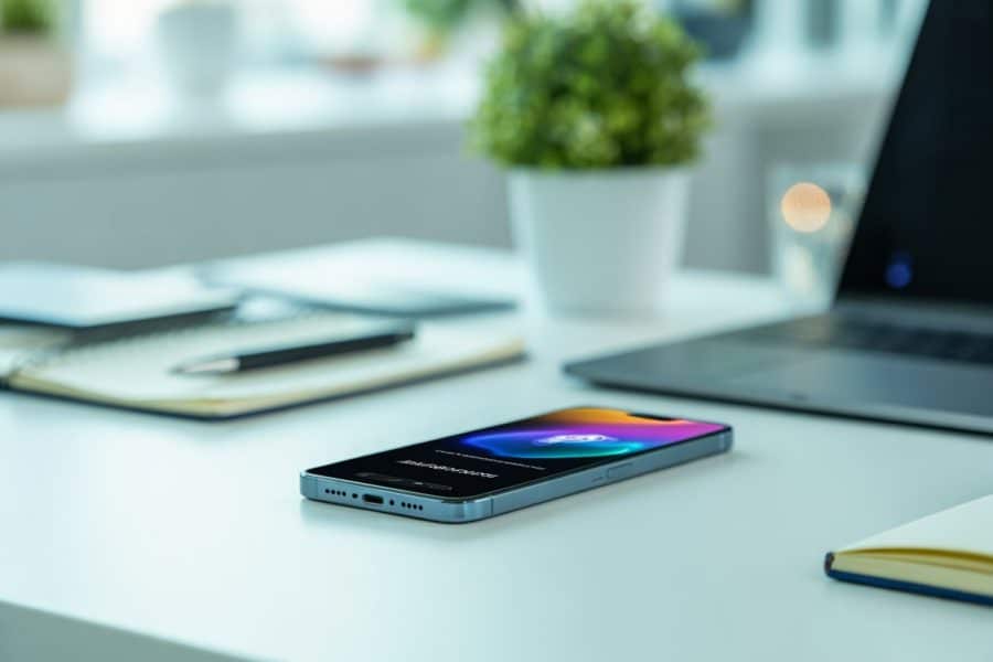 Um smartphone moderno sobre uma mesa branca em um ambiente de escritório com itens de trabalho ao redor.