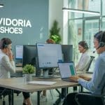 Ambiente moderno de escritório com atendentes de suporte ao cliente usando headsets e trabalhando em computadores.
