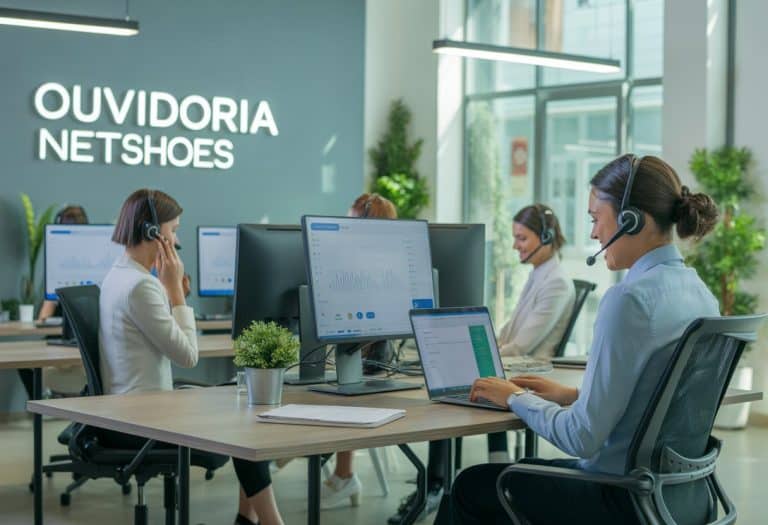 Ambiente moderno de escritório com atendentes de suporte ao cliente usando headsets e trabalhando em computadores.