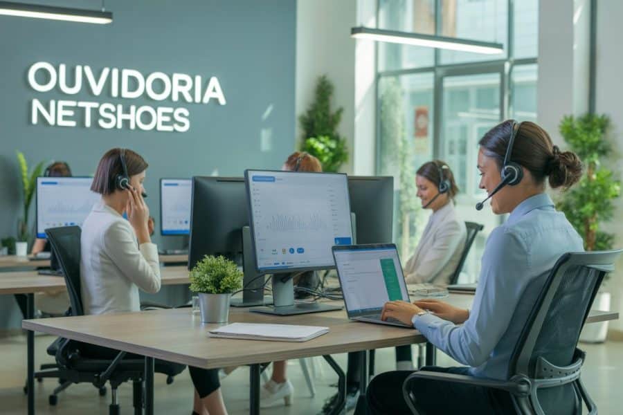 Ambiente moderno de escritório com atendentes de suporte ao cliente usando headsets e trabalhando em computadores.