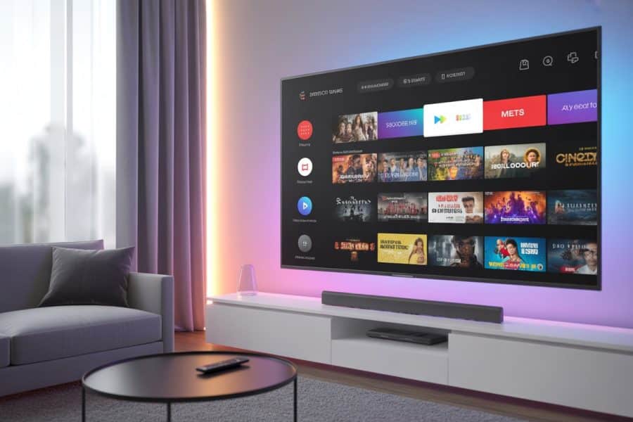 Sala de estar moderna com uma TV grande exibindo uma interface de streaming colorida, sofá confortável e mesa de centro.