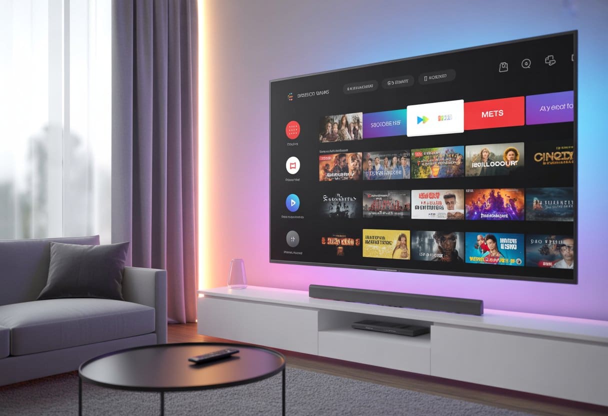 Sala de estar moderna com uma TV grande exibindo uma interface de streaming colorida, sofá confortável e mesa de centro.