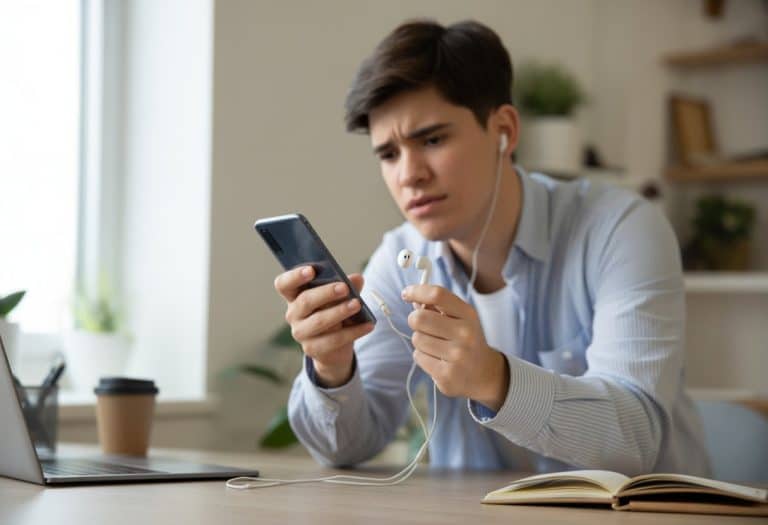 Pessoa segurando um celular e um fone com fio, olhando para o conector com expressão de dúvida em uma mesa de escritório em casa.