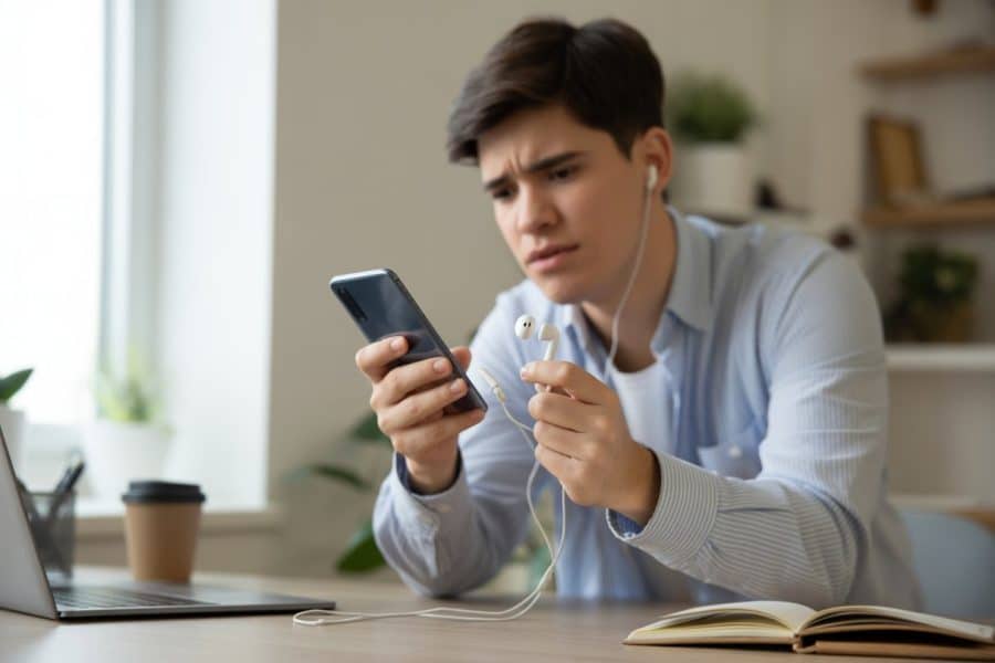 Pessoa segurando um celular e um fone com fio, olhando para o conector com expressão de dúvida em uma mesa de escritório em casa.