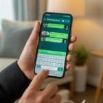 Pessoa segurando um smartphone mostrando a tela de chats do WhatsApp, prestes a sair de um grupo, em um ambiente de escritório em casa.