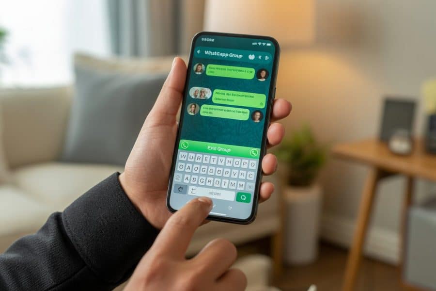 Pessoa segurando um smartphone mostrando a tela de chats do WhatsApp, prestes a sair de um grupo, em um ambiente de escritório em casa.
