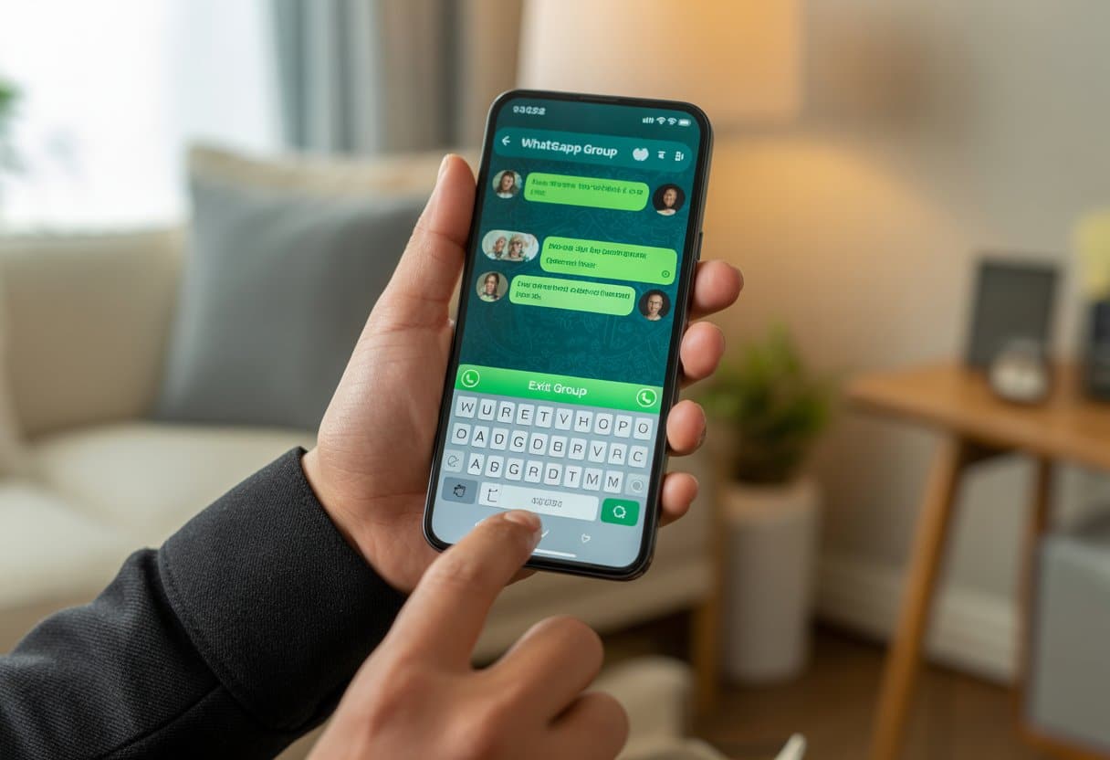 Pessoa segurando um smartphone mostrando a tela de chats do WhatsApp, prestes a sair de um grupo, em um ambiente de escritório em casa.