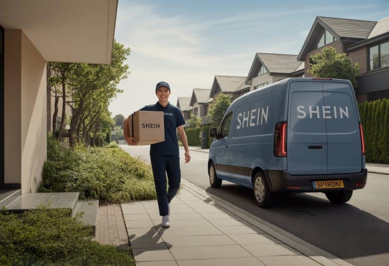 Entregador da Shein chegando com uma encomenda na porta de uma casa em um bairro urbano.