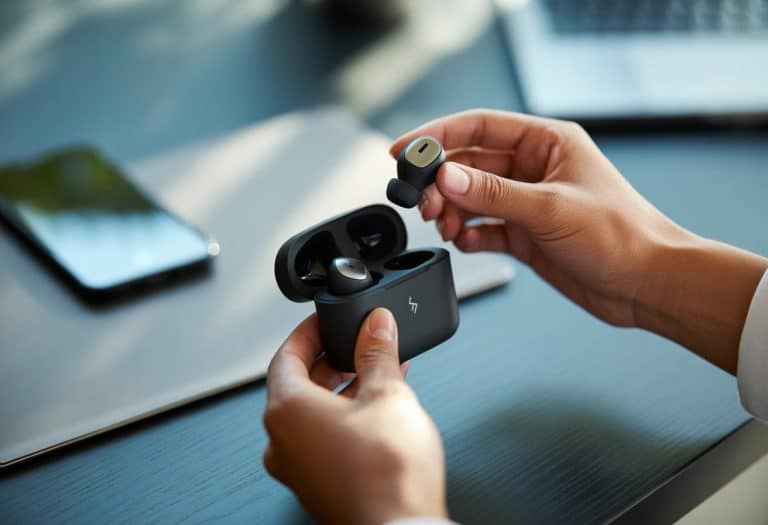Mãos segurando fones de ouvido Bluetooth e colocando-os em um estojo de carregamento aberto sobre uma mesa.