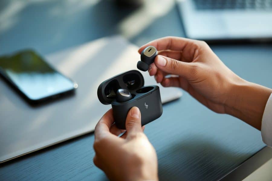 Mãos segurando fones de ouvido Bluetooth e colocando-os em um estojo de carregamento aberto sobre uma mesa.