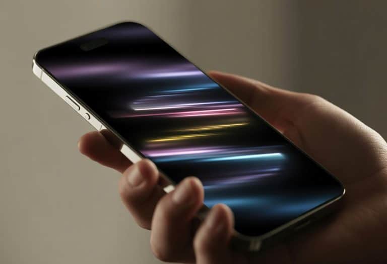Tela de celular moderna piscando em close-up, segurada por uma mão com fundo desfocado.