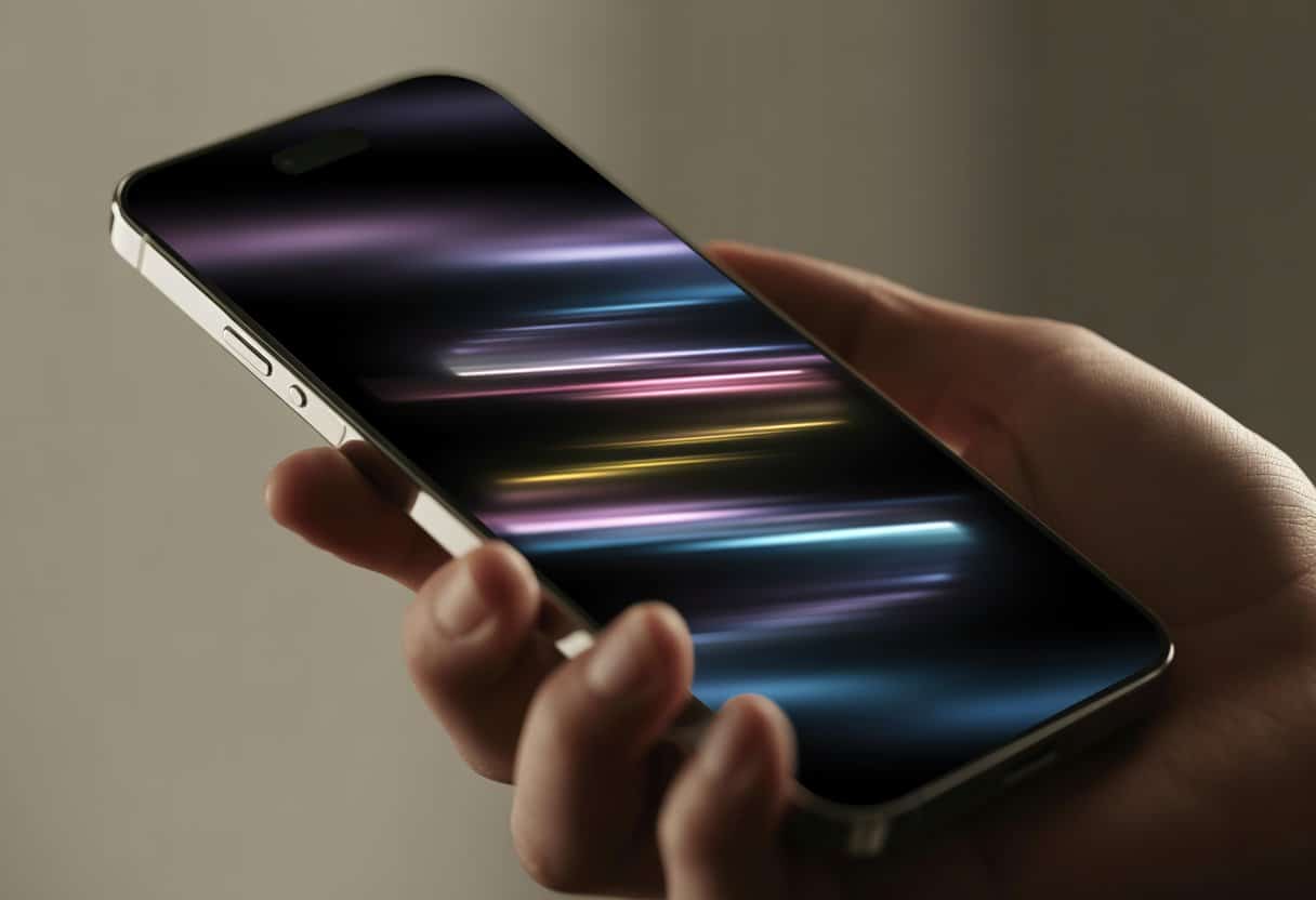 Tela de celular moderna piscando em close-up, segurada por uma mão com fundo desfocado.