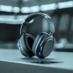 Fone de ouvido Bluetooth potente sobre uma superfície moderna com luzes azuis indicando conectividade.