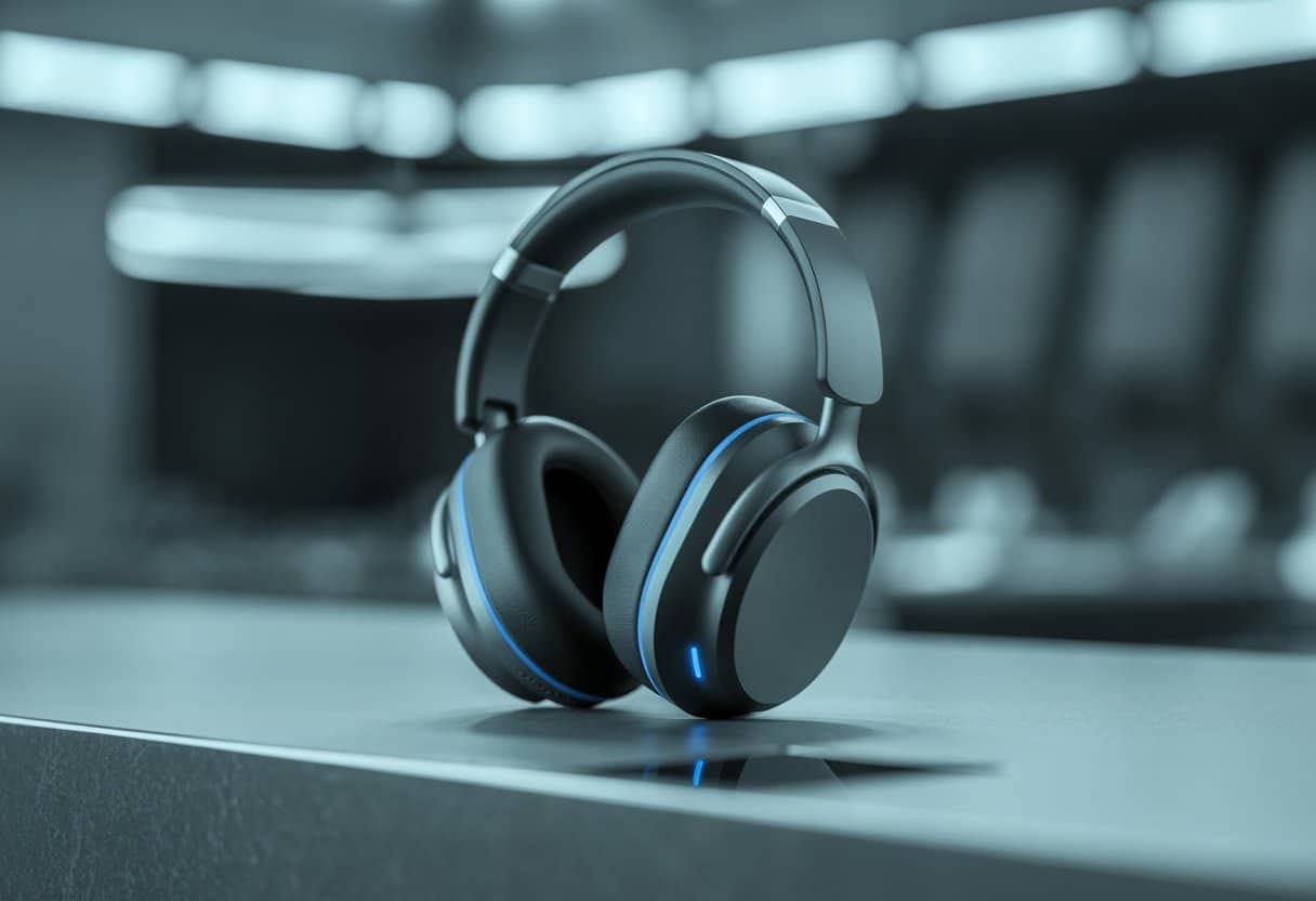 Fone de ouvido Bluetooth potente sobre uma superfície moderna com luzes azuis indicando conectividade.
