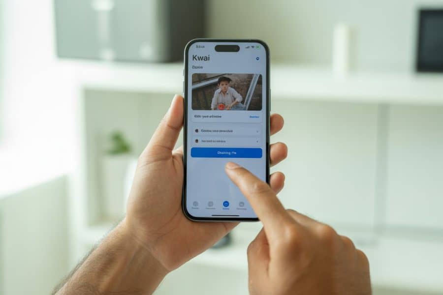 Pessoa segurando um smartphone mostrando a interface do aplicativo Kwai com uma opção de excluir vídeo selecionada.