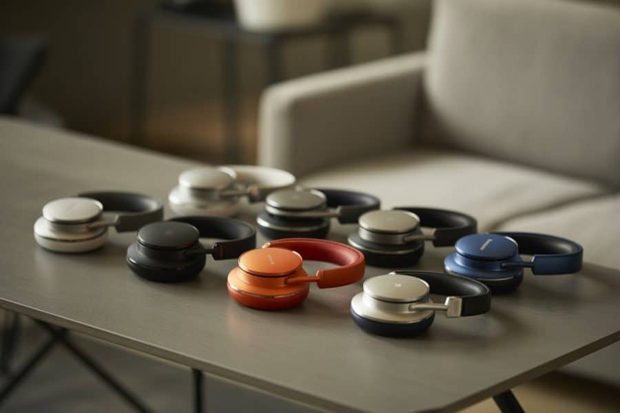 Diversos fones de ouvido de marcas renomadas organizados sobre uma mesa de madeira em um ambiente limpo e moderno.
