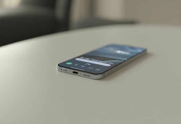 Celular moderno em uma superfície branca com o ícone de fone de ouvido conectado na tela.