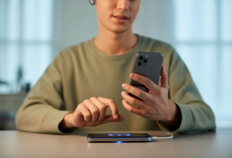 Pessoa usando fone de ouvido Bluetooth enquanto o celular está carregando em uma base sem fio.
