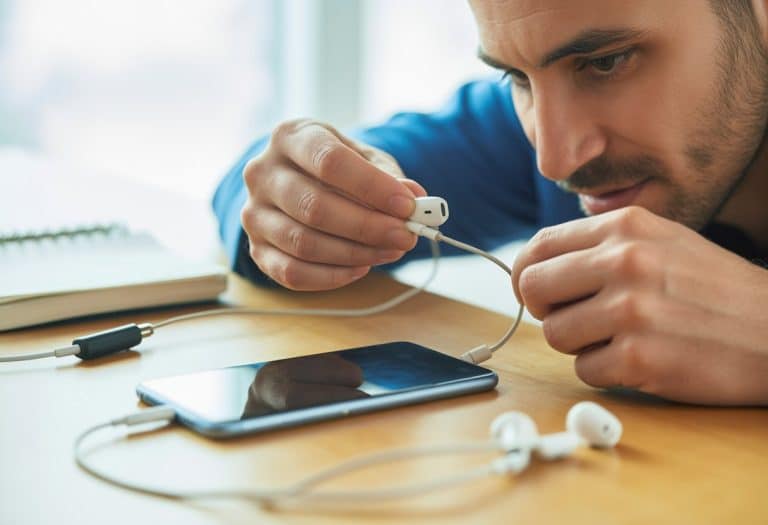 Mãos de uma pessoa tentando conectar um fone com fio em um celular sobre uma mesa.