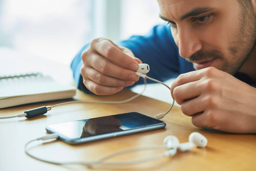 Mãos de uma pessoa tentando conectar um fone com fio em um celular sobre uma mesa.