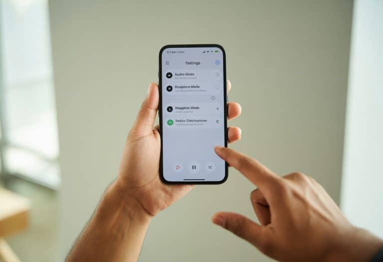 Pessoa segurando um celular mostrando a tela de configurações de áudio, pronta para desativar o modo fone de ouvido.