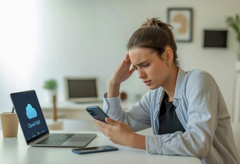 Pessoa jovem sentada à mesa em escritório moderno, olhando preocupada para a tela do celular ou laptop.