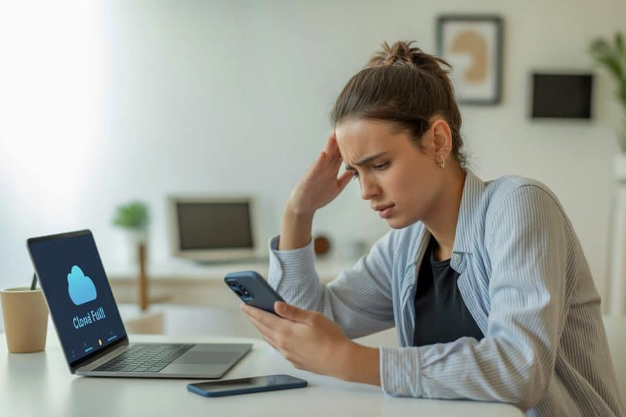 Pessoa jovem sentada à mesa em escritório moderno, olhando preocupada para a tela do celular ou laptop.