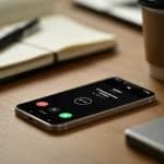 Um smartphone moderno sobre uma mesa de madeira com itens de escritório ao redor, mostrando uma chamada em andamento ou sinal de ocupado na tela.