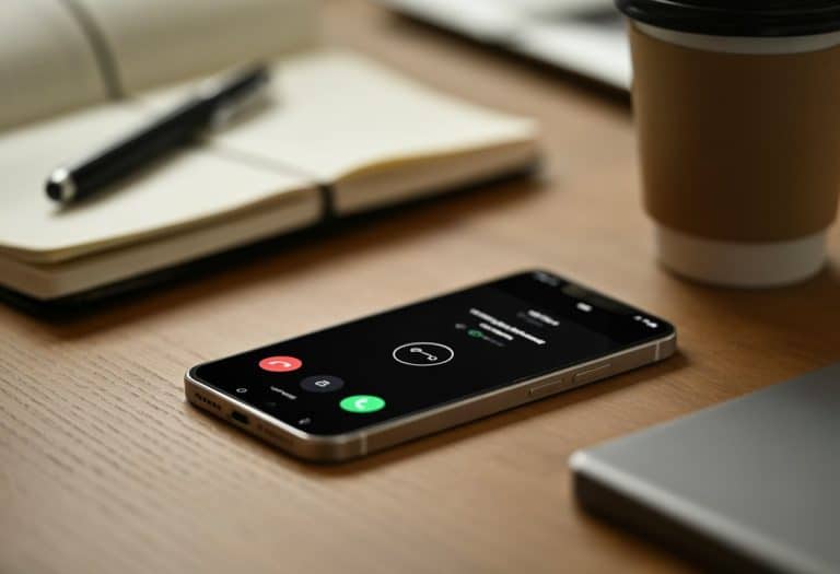 Um smartphone moderno sobre uma mesa de madeira com itens de escritório ao redor, mostrando uma chamada em andamento ou sinal de ocupado na tela.