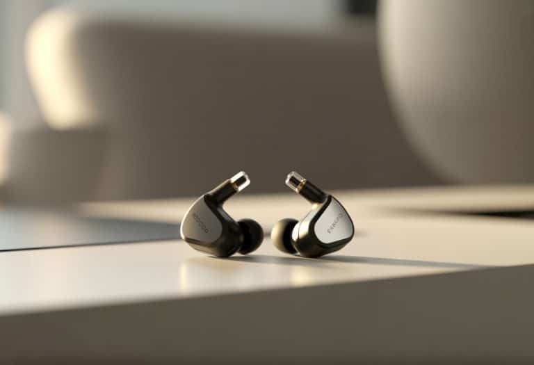 Um par de fones de ouvido intra-auriculares de alta qualidade sobre uma superfície limpa e moderna.