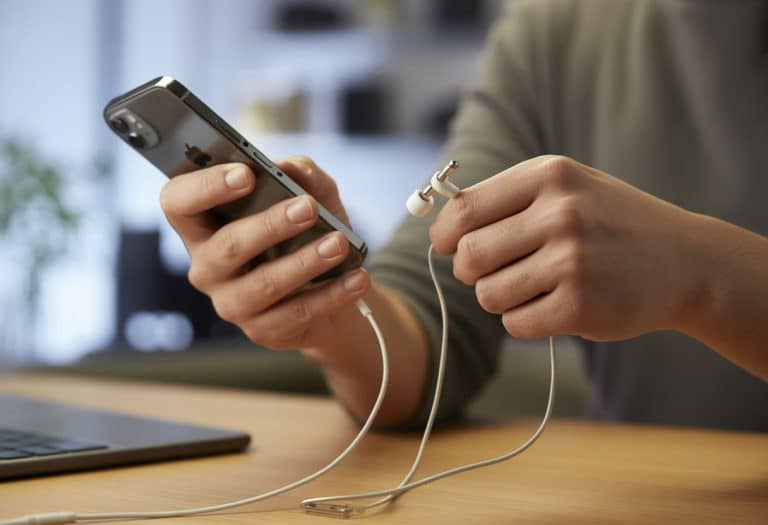 Mãos conectando fone com fio em um iPhone.