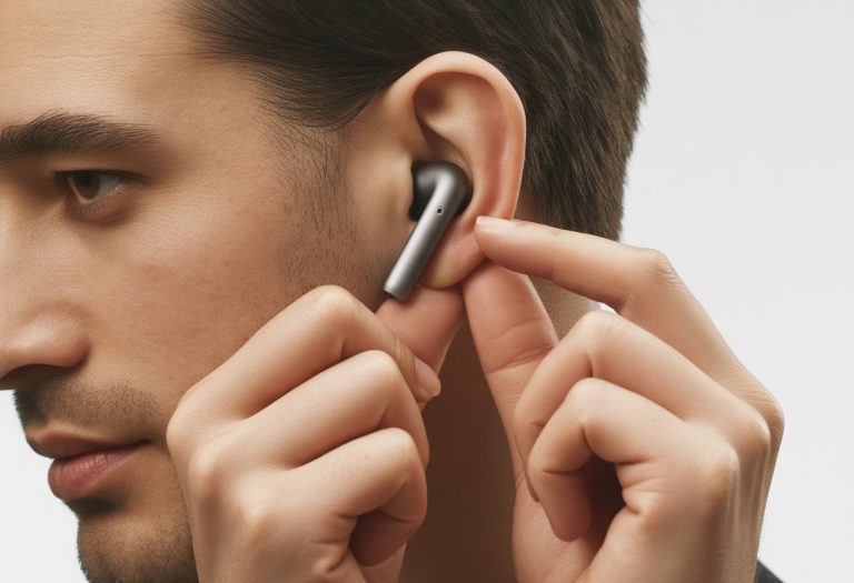 Pessoa colocando um fone de ouvido na orelha com a mão.