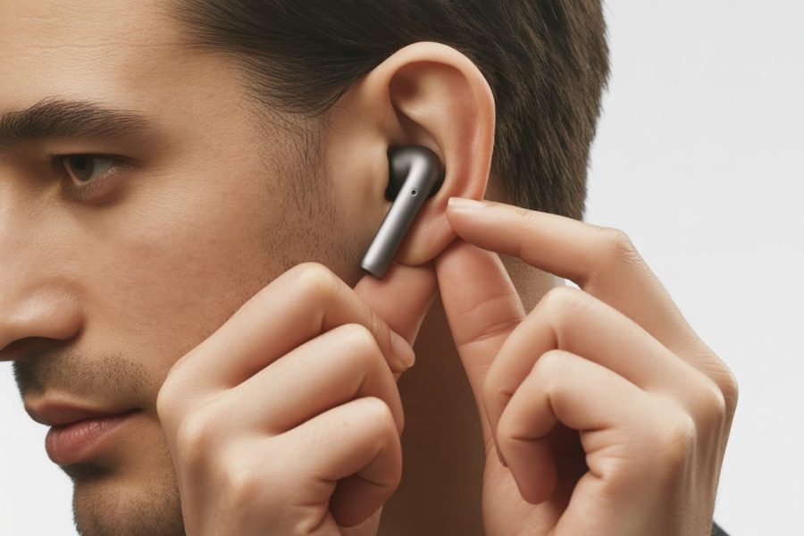 Pessoa colocando um fone de ouvido na orelha com a mão.