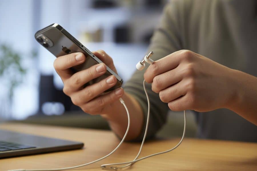 Mãos conectando fone com fio em um iPhone.