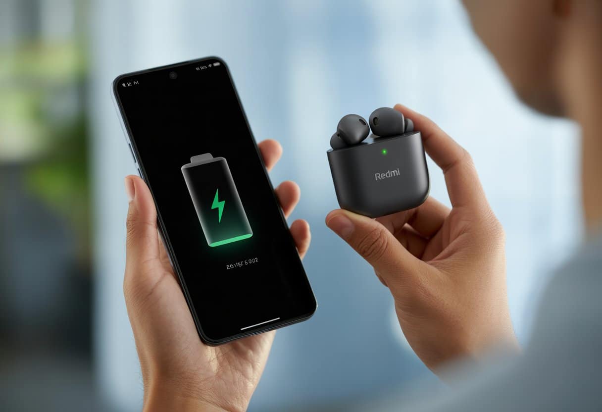 Pessoa segurando fones de ouvido Redmi próximos ao smartphone mostrando o status de carregamento.