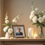 Um retrato emoldurado de um homem idoso asiático sobre uma mesa com flores brancas e uma vela acesa em um ambiente tranquilo.