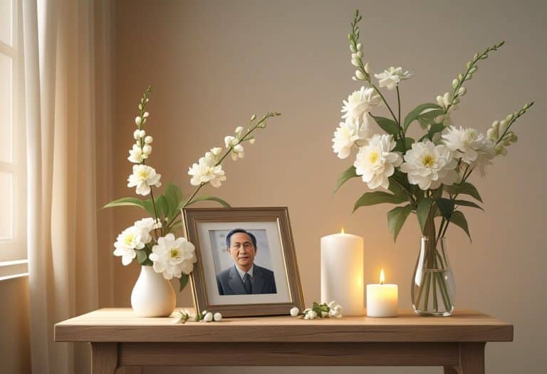 Um retrato emoldurado de um homem idoso asiático sobre uma mesa com flores brancas e uma vela acesa em um ambiente tranquilo.