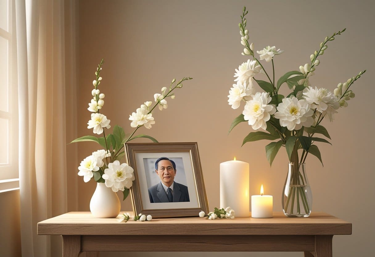 Um retrato emoldurado de um homem idoso asiático sobre uma mesa com flores brancas e uma vela acesa em um ambiente tranquilo.