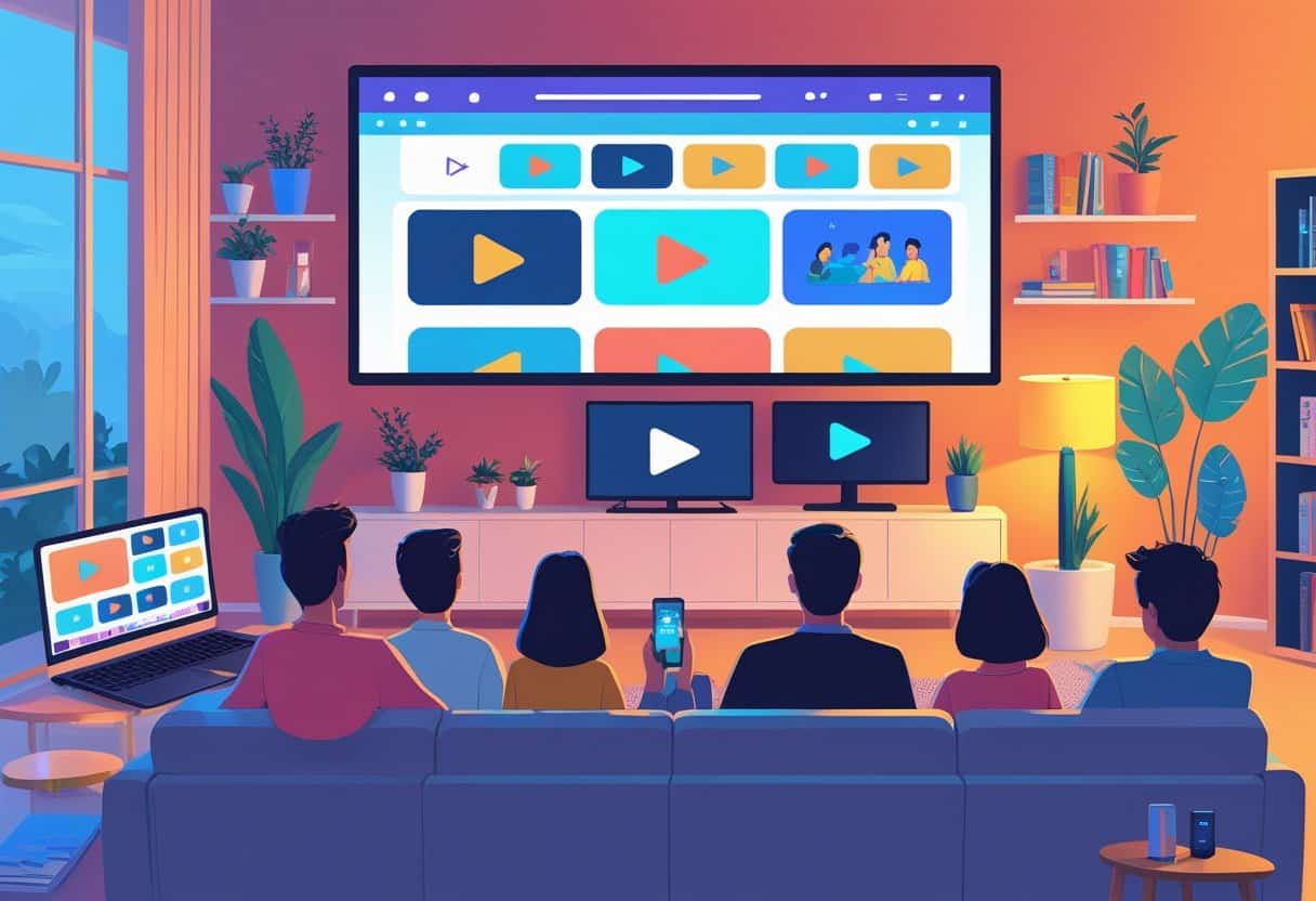 Sala de estar moderna com pessoas assistindo vídeos em uma televisão e dispositivos eletrônicos.