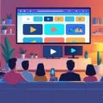 Sala de estar moderna com pessoas assistindo vídeos em uma televisão e dispositivos eletrônicos.