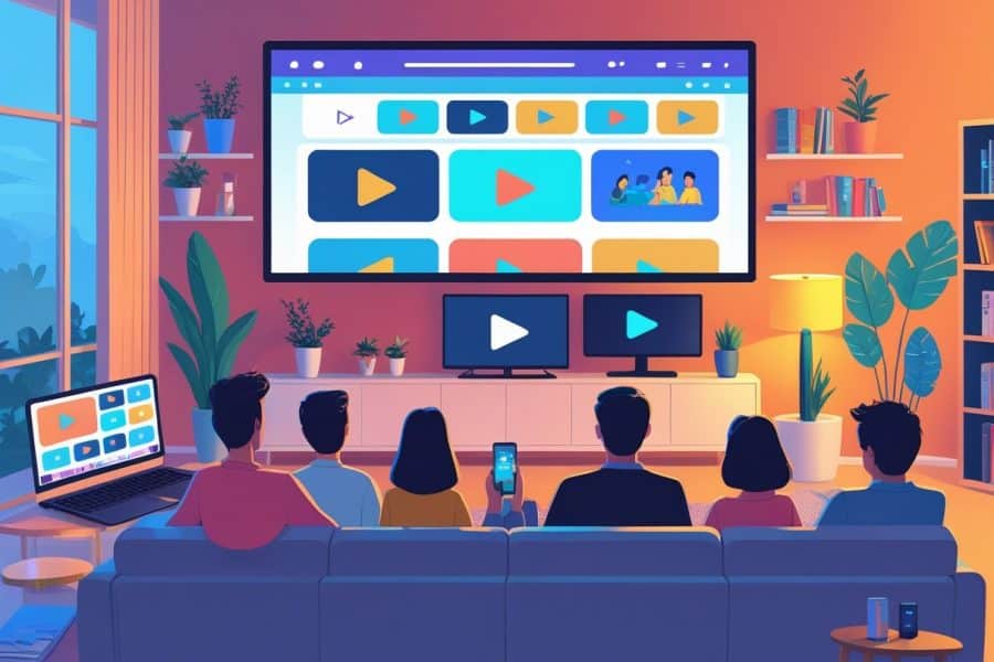 Sala de estar moderna com pessoas assistindo vídeos em uma televisão e dispositivos eletrônicos.