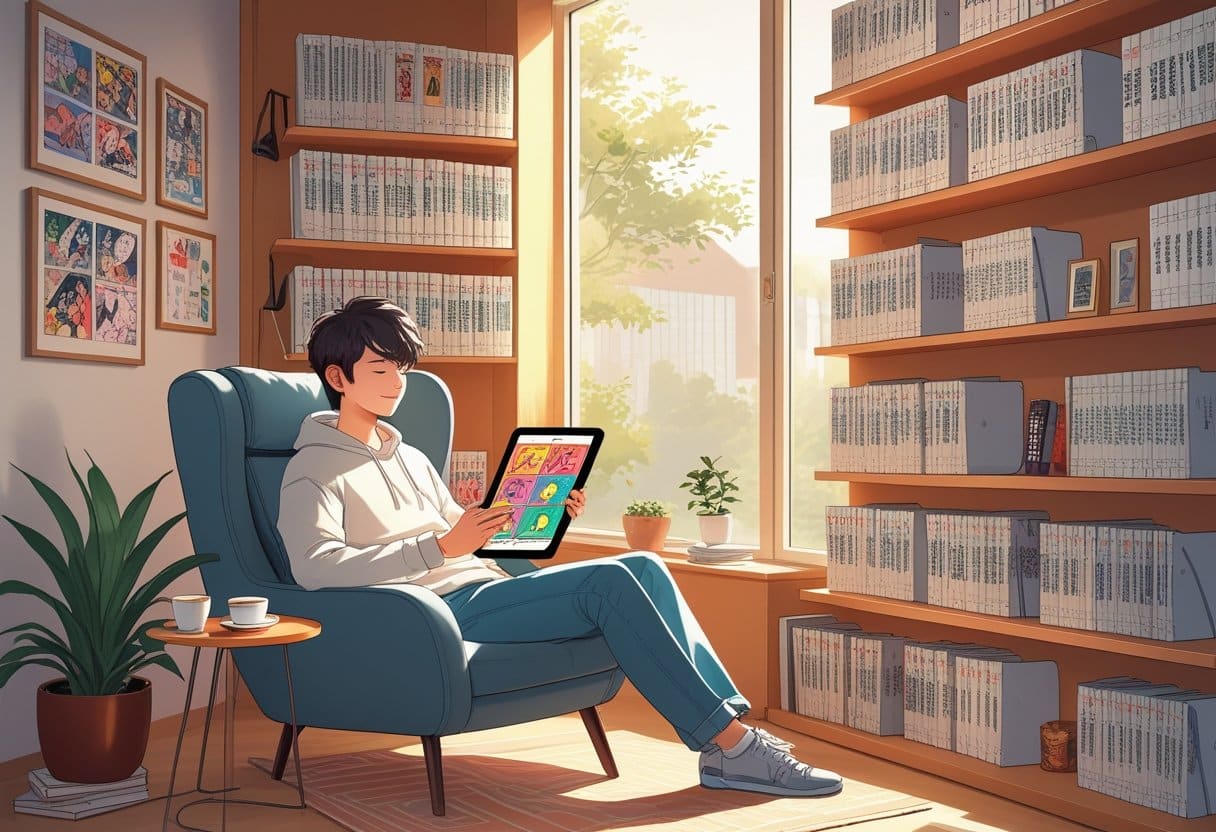 Pessoa sentada em uma poltrona confortável lendo manhwa em um tablet, em um ambiente aconchegante com estantes de livros e plantas ao redor.