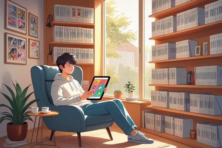 Pessoa sentada em uma poltrona confortável lendo manhwa em um tablet, em um ambiente aconchegante com estantes de livros e plantas ao redor.