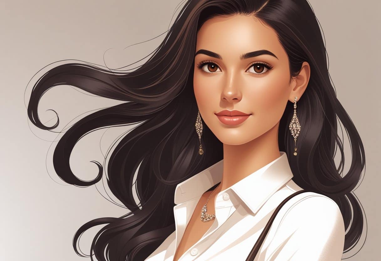 Retrato de uma mulher jovem e confiante com cabelo escuro e longo, vestindo roupas modernas e elegantes, em um fundo neutro.